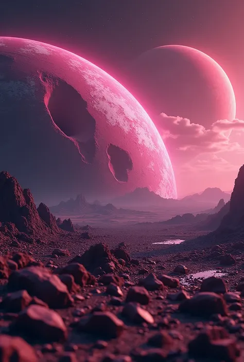 a close up of a planet with a lot of small rocks, destroyed planet, another planet, violet planet, planets crashing, dyson sphere program pink planet, deserted planet, an alien planet, asteroids realistic cinematic, greg beeple, planets behind, devouring a...