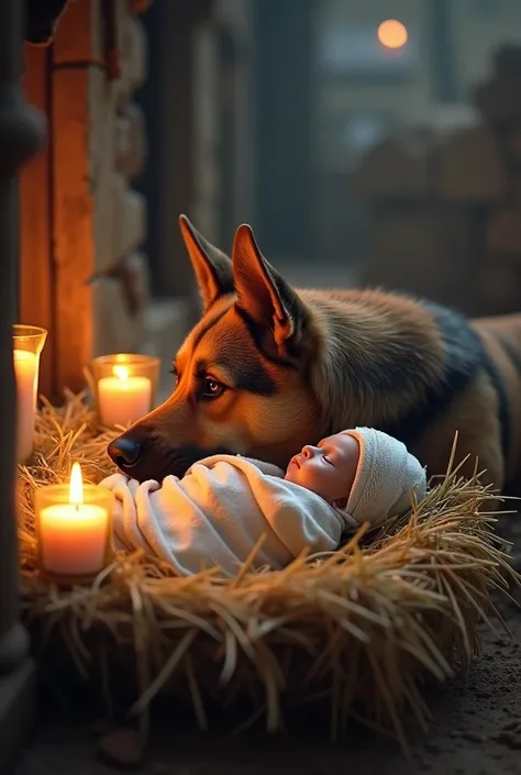 Dog taking care of the baby Jesus in the manger Bethlehem 