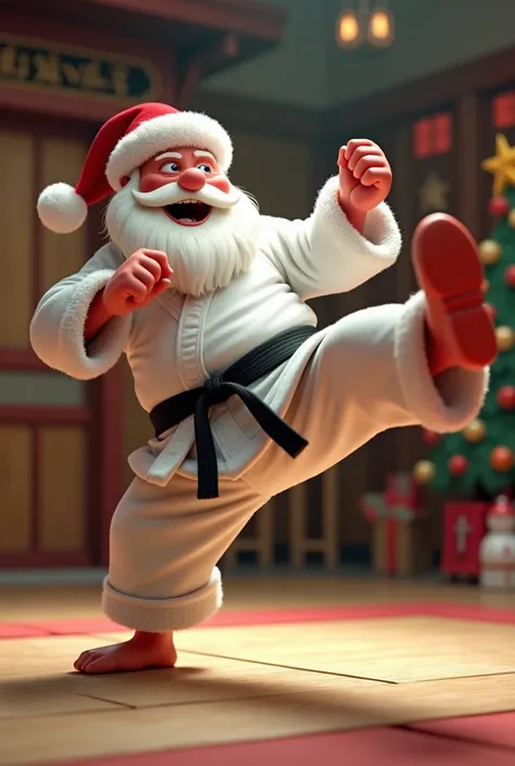 Santa Claus dressed in a white karate kimono and black belt in the Dojo with decoration and a Christmas tree in the background kicking and screaming kyai in the belly of a karateca 3D Disney cartoon 