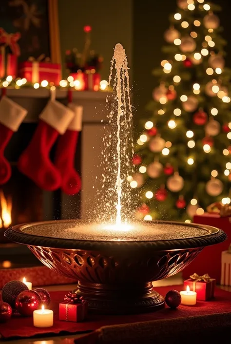 
**[background image]**:  A cozy Christmas setting ,  like a fireplace decorated with Christmas socks ,  a Christmas tree illuminated with bright ornaments and colorful gifts around . 

**[ Text in the image ]**: 

 In an elegant and festive fountain , cen...