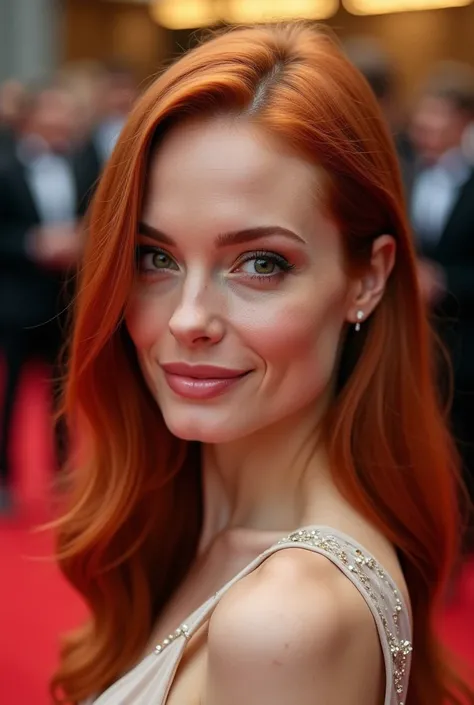 Redheaded woman with freckles and green eyes,  wearing a white dress ((posing on a red carpet)), freckled face, ((Angelina Jolie-style fleshy mouth)), professional retouching, (smile), (( long hair, straight and red ))
