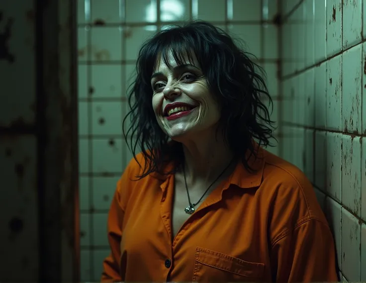 A fat woman with a macabre appearance, wearing an orange prison jumpsuit. She has a sinister and distorted smile, highlighting facial features that intensify her menacing aura. Her pale skin contrasts with the heavy shadows, and her long, messy black hair ...