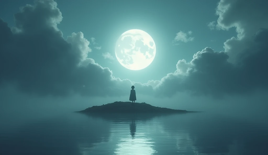 A serene moon surrounded by misty clouds, with a figure standing on a small island, looking out toward the glowing moon. The reflection of the moon on the water symbolizes introspection and emotional independence. The scene feels peaceful and emotional, wi...