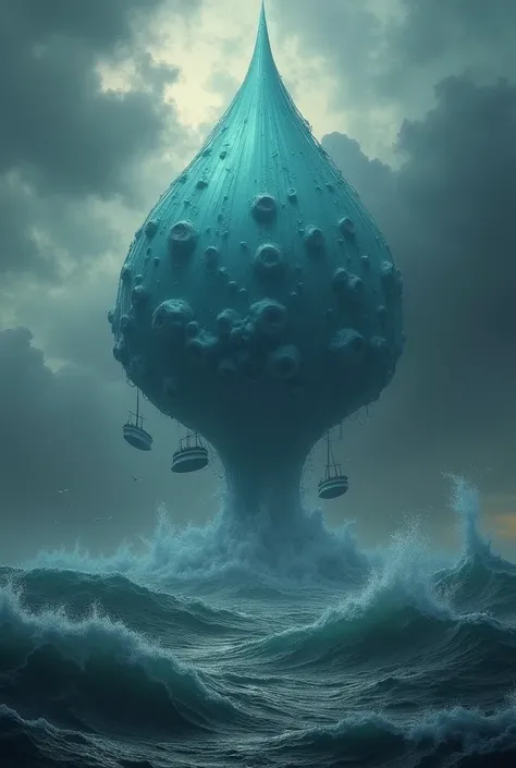  An ocean beginning to rise in the form of huge floating drops of water ,  with ships suspended in the air .
prompt:  A surreal representation of an ocean rising in giant drops of water,  ships floating adrift in the air .  the sky is dark and turbulent , ...