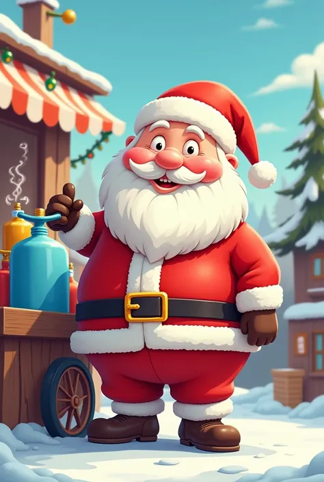 Cartoon-style cooking water and gas seller with Santa Claus clothes