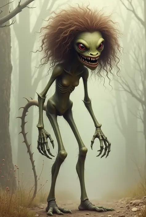 Make an image of a female monster who has a tall and skinny body,  with a prominent hump on her back , It has long and slender legs.  Her head is small compared to the rest of her body ,  but she has black, rotten teeth that stick out of her mouth . Her cu...