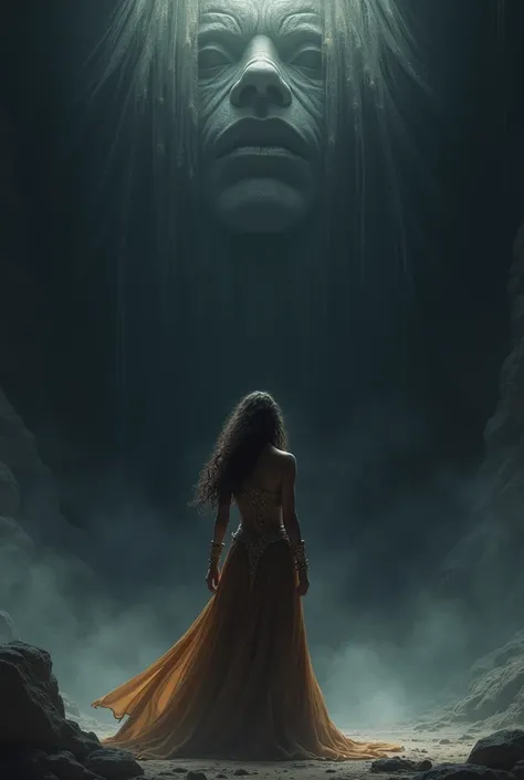  Create an illustration of a brown princess with long, wavy hair.  She is standing in front of a great wall made of darkness  . The huge wall is several meters high . 