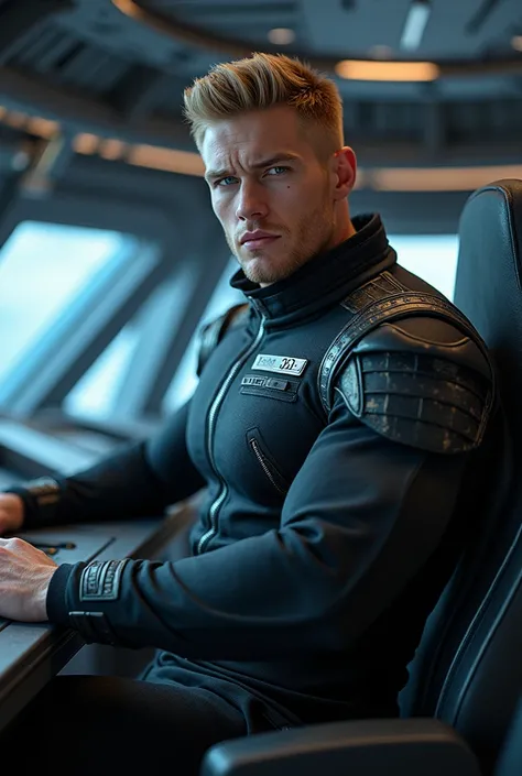 handsome man, starship captain, 195 cm tall, 37 years old, Body relief, pumped up, massive, wide strong chest, strong arms. The man has a square face with a pronounced jaw line, masculinity, short blond hair, classic haircut, blue eyes, modern space captai...