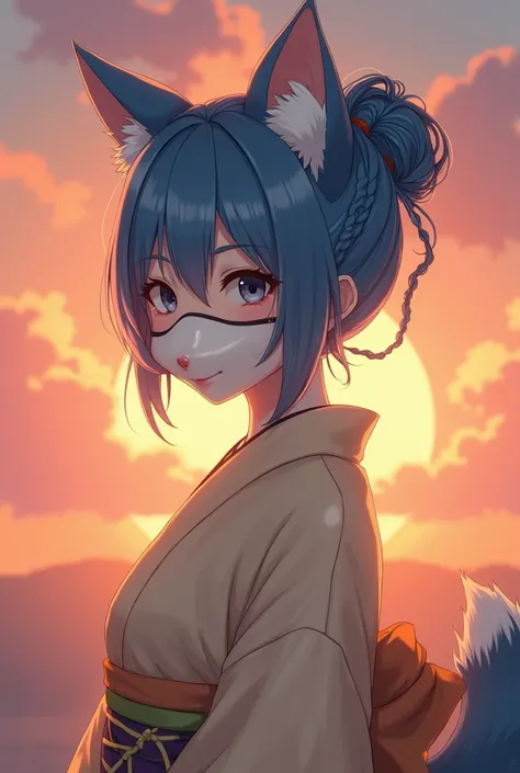 An anime-style girl ,  with blue hair tied up in a chong wrapped in a braid, with a full fox mask on,  and a beige kimono  , behind a sunrise  ,  with a fox tail 