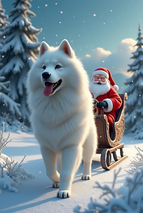 Samoyed on sleigh Santa Claus 