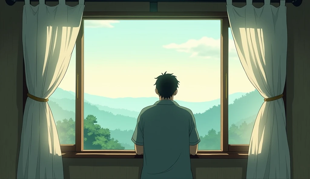 The Ghibli-style image shows a over the shoulder shot of a man looking out of window and feeling sad, back view, wide shot