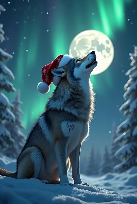 Wolf with a Christmas hat, howling at moon, aurora borealis 