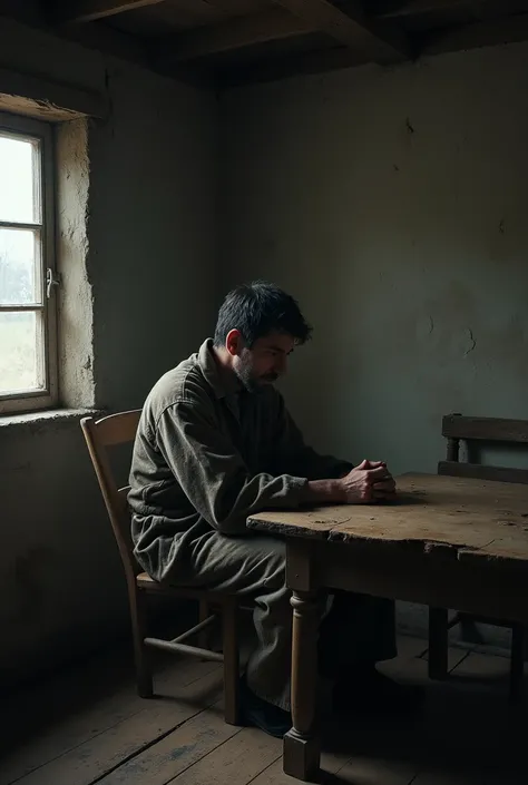 A poor man sitting alone at a wooden table in a small, rustic cabin with worn, cracked walls. His expression is one of deep sadness and reflection as he gazes at the empty table before him. The dim, cold light filters through a small, frosted window, casti...