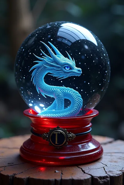 Crystal sphere for magic color black ,  with red base and white sparkles ,  a blue dragons eye on the bottom of the sphere and with an initial of T