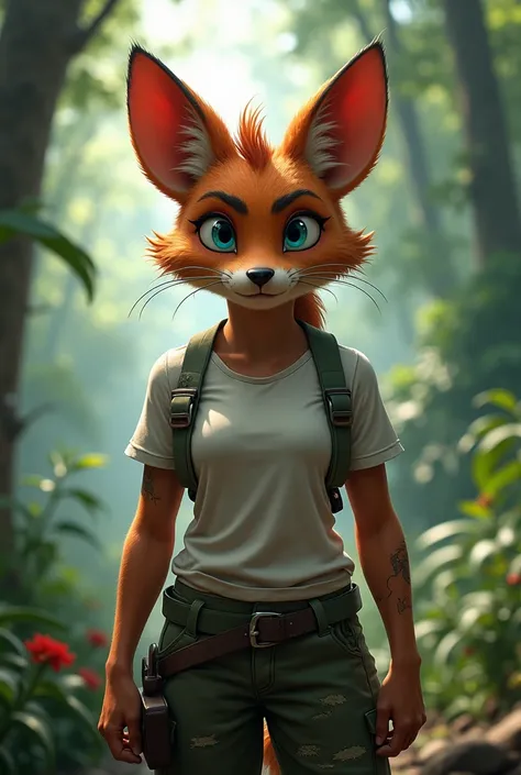 A Bandicoot wearing a plain white t-shirt and army pants, bruises and scars are visible on her arms. The bandicoot has ocean-blue eyes, background is the jungle