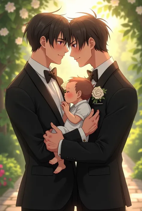 A wedding with a boy in a black suit and a boy in a white suit kissing each other and holding a baby in a white suit who is one year old 