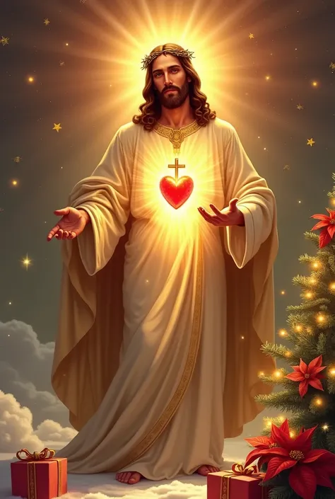 A luminous and majestic illustration of The Sacred Heart of Jesus in a warm and hopeful Christmas setting. Jesus stands, dressed in white and gold robes that softly glow under a heavenly light. His heart, radiant and engulfed in flames of divine love, is a...