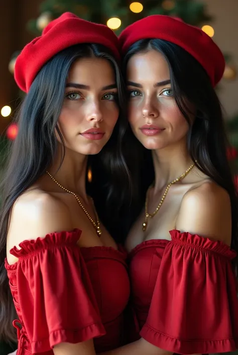  Give me two twenty-four-year-old Swedish women , Pear-shaped body ,  round., angelic soft face, soft leather,  The first with thick dark black long straight hair.  Grey eyes diamonds ,  pale skin ,  upturned button nose ,  full lips.  The second with soft...