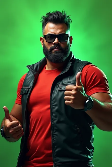 Biker wearing black leather vest with medium beard texture and black hair dark glasses and red t-shirt, Thumbs up and green background