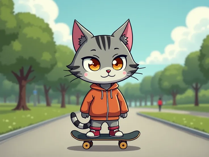  human with a gray cats head with striped fur and orange eyes,  simple artistic style half-realistic cartoon ,  looking in a random direction , He wears a skater outfit ,  hes in the middle of a park 