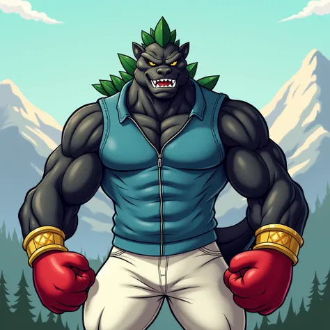 Black muscular Godzilla furry jock in gold bracelets, wearing green boots , in white pants, in a blue sleeveless zip-up sweater ,  in red boxing gloves stands against the background of a cartoon-style mountain.