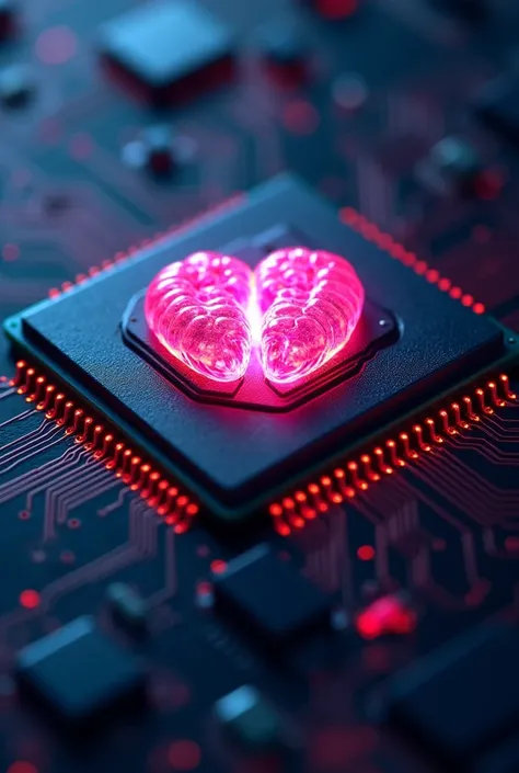 a close up of a computer chip with a glowing heart on it, a computer rendering by Anna Füssli, shutterstock, computer art, a cpu with human brains, cyber augmentation implant, neuromorphic chip, translucent microchip ornate, brain connected to computer, nv...