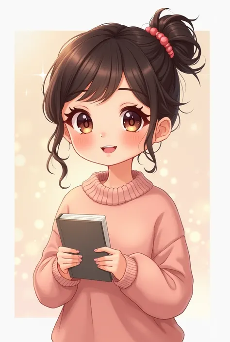 She looks like IU and Yifei Liu, with the charming energy of IU (with her warm, approachable vibe) and the playful spirit of Liu Yifei (with that soft elegance and sparkly personality). A chibi-style digital illustration, an adorable girl with sparkling, e...