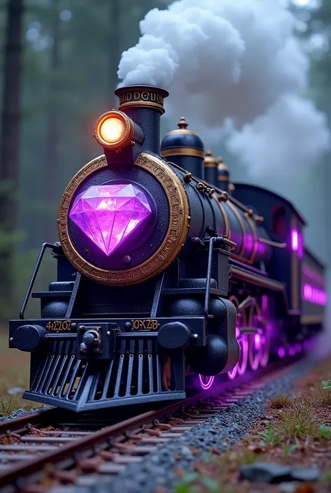 Magic train diesel locomotive .  Enlarged parts of the train with glowing purple runes and charms applied to them . Magic crystals on the body .  Instead of a chimney full of smoke - A faceted diamond bound in gold and ringed by energy circles with magic r...