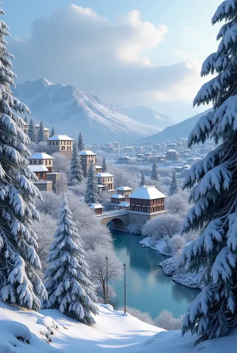 Create a photo of village Petroto Argitheas,snowy trees,photo take from professional high analysis camera,from above the village as a river slightly shows at the back 