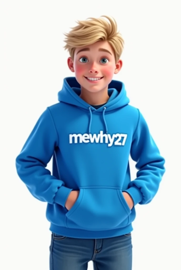 Do a Pfp of a boy in blue hoodie blue jeans blonde and white background make the clothes say Mewhy27 on them