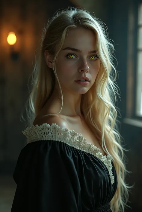 Female vampire. Blond long hair. 19 years old. Medieval pesand. Glowing yellow eyes