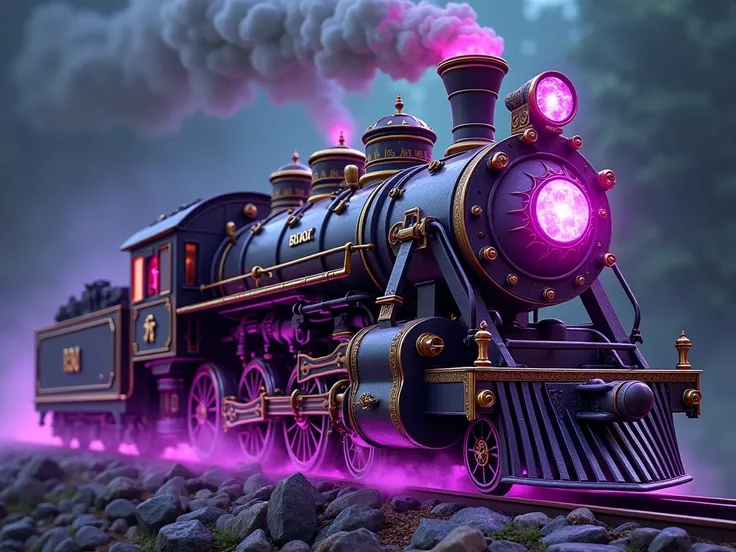 Magic train diesel locomotive ,  armored . Even larger parts of the train with runes and charms stretching across the body in glowing purple. Magic crystals on the body .  Instead of a chimney full of smoke - A faceted diamond bound in gold and ringed by e...