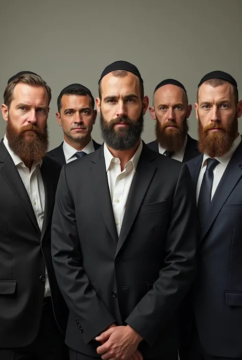 5Jewish men standing next to each other, wearing Jewish skullcaps and having Jewish hair