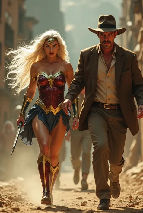 Creates wonder woman chasing indiana jones who stole his PC keyboard. photo realism, film, real person, in action, beautiful woman, no cartoon.Long white Hair, 