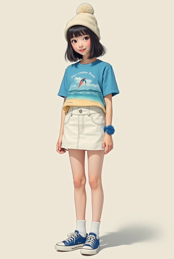 Create an image of a korean girl with a pompompurin knit beanie, a blue charm bracelet, shoulder fluffy lenght hair with shaggy bangs, a shirt with a beach design, a white denim skirt, white socks and blue and white ape sneakers 