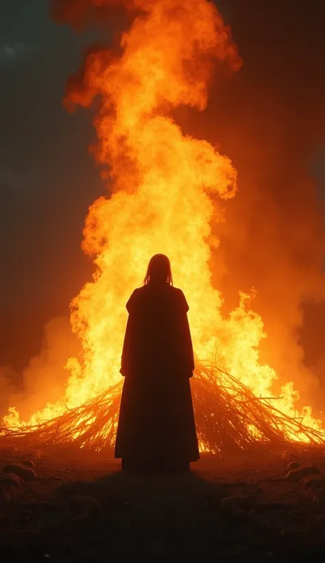 A large bonfire lit ,  as Joan of Arcs shadow fades into the flames.