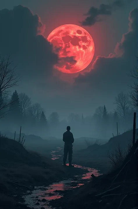  A field after a battle , with trees destroyed ,  craters ,Fogs,With weather storms , midnight with a red moon with black clouds , a soldier from afar
