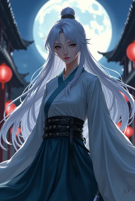 Masterpiece, Best, Night, Full Moon, 1 Female, Mature Woman, Chinese Style, Ancient China, Elder Sister, Royal Sister, Cold Face, Expressionless, Silver White Long Haired Woman, Pale Pink Lips, Calm, Intellectual, Three Belts, Gray Hitomi, assassin, dagger...