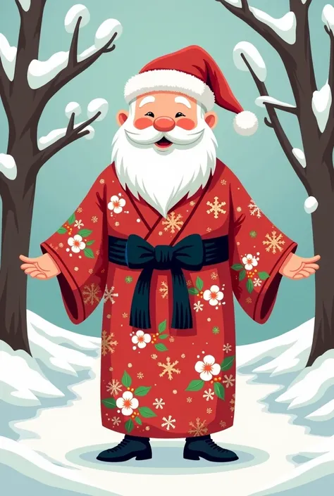 Create a cartoon image of Santa Claus in a kimono with a black belt