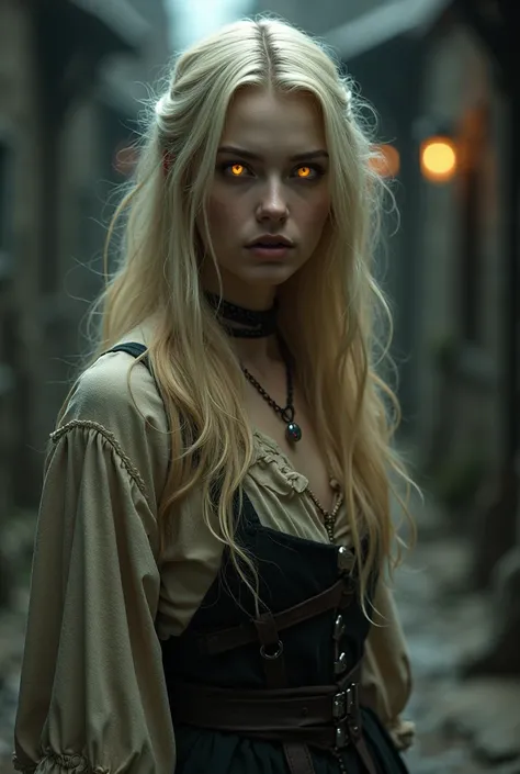 Female vampire. Blond long hair. 19 years old. Medieval pesand. Glowing yellow eyes. Shart vampire fangs. Two fangs