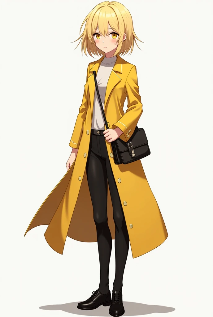 Create a character with the following traits :

woman
Short blond hair
Yellow eyes
Yellow overcoat with light details
Black pants
Black shoe
Mature appearance
Make her ass and tits a little bigger
Place a book with light power around her
Anime version