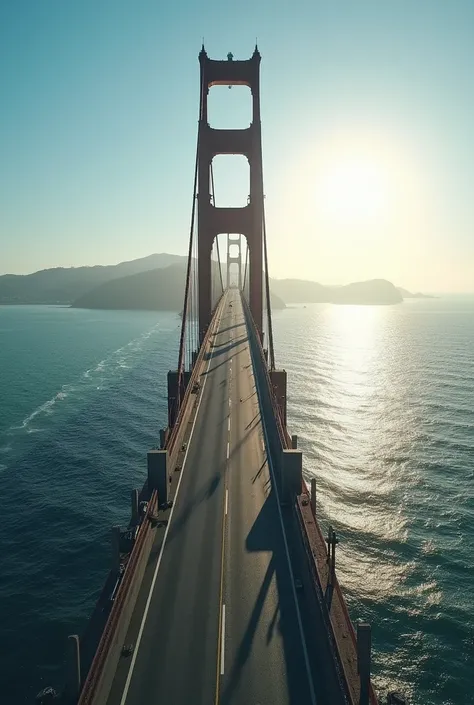 make a big bridge that is above the ocean, it is a basic concrete bridge and just square and straight, sem muitos detalhes, as if it were even old, It is big going to the horizon, you can see the sunlight entering it

