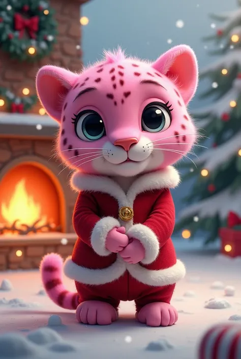 Adorable panther with pink fur dressed up like santa-claus 