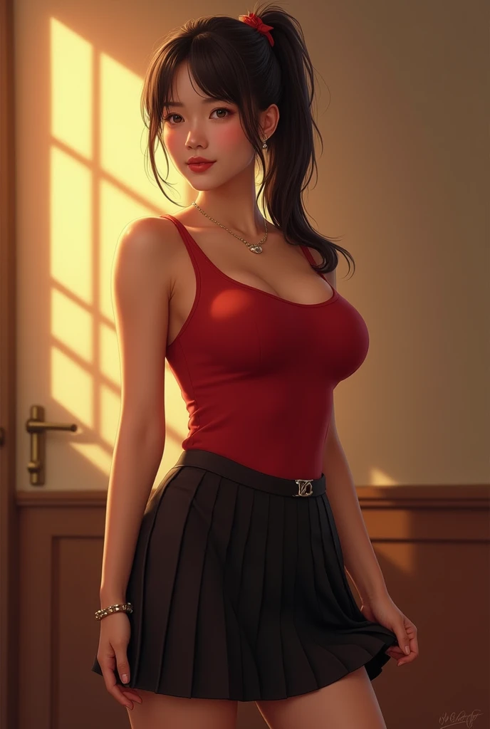 in(( Red tank top and black skirt that accentuates sexy breasts :1.95)))、((( Sexy knee-length stockings :1.35)))、((((Highlights sexy crotch:1.65)))、((((Spread your hair widely、Touching the thigh, Red clothes and dress  ,  ponytail long hairstyles  、There i...