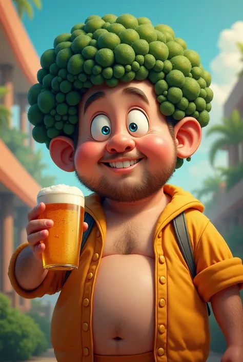 a 30-year-old man with one-piece style with chaparra and plump broccoli hair, He has a beer in one hand and big eyes without glasses 