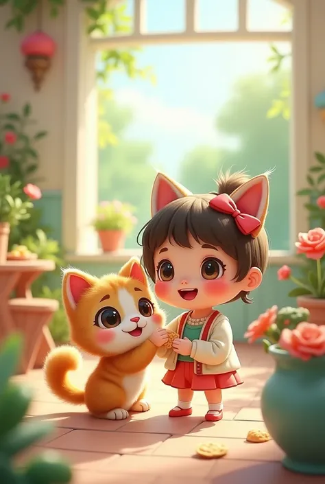 cute Cat with cute cartoon girl