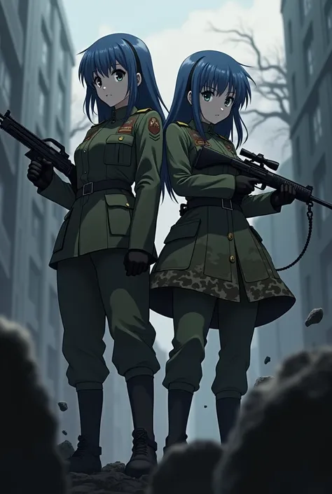 Rika furude and Satoko from anime Higurashi, they wearing soldier uniforms and holding guns 