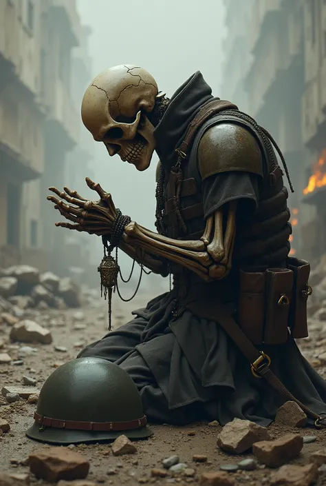 Soldier with the face of a skull at war praying with a helmet and with a pendant in his hand while praying