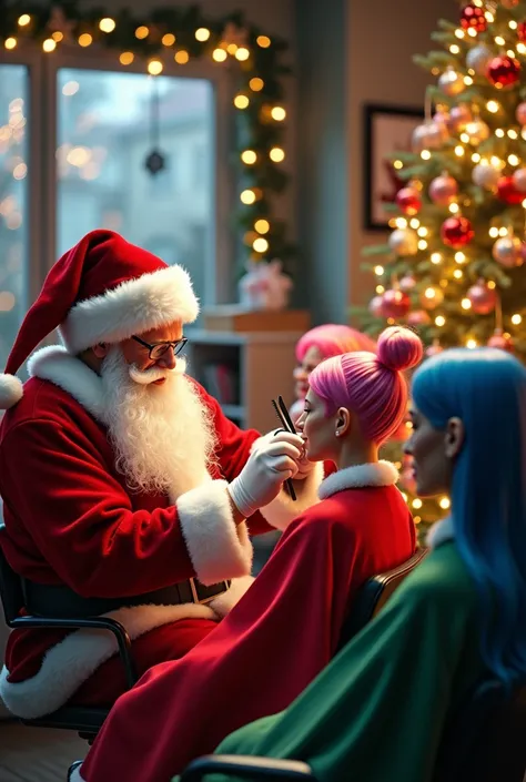 Christmas tree Santa Claus cutting hair in hairdressing salon and women with color dye on their heads