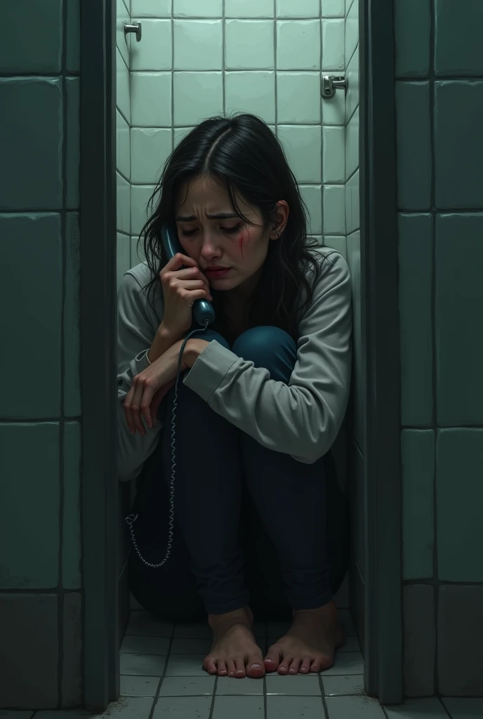 Grieving woman sitting in a toilet talking on the phone